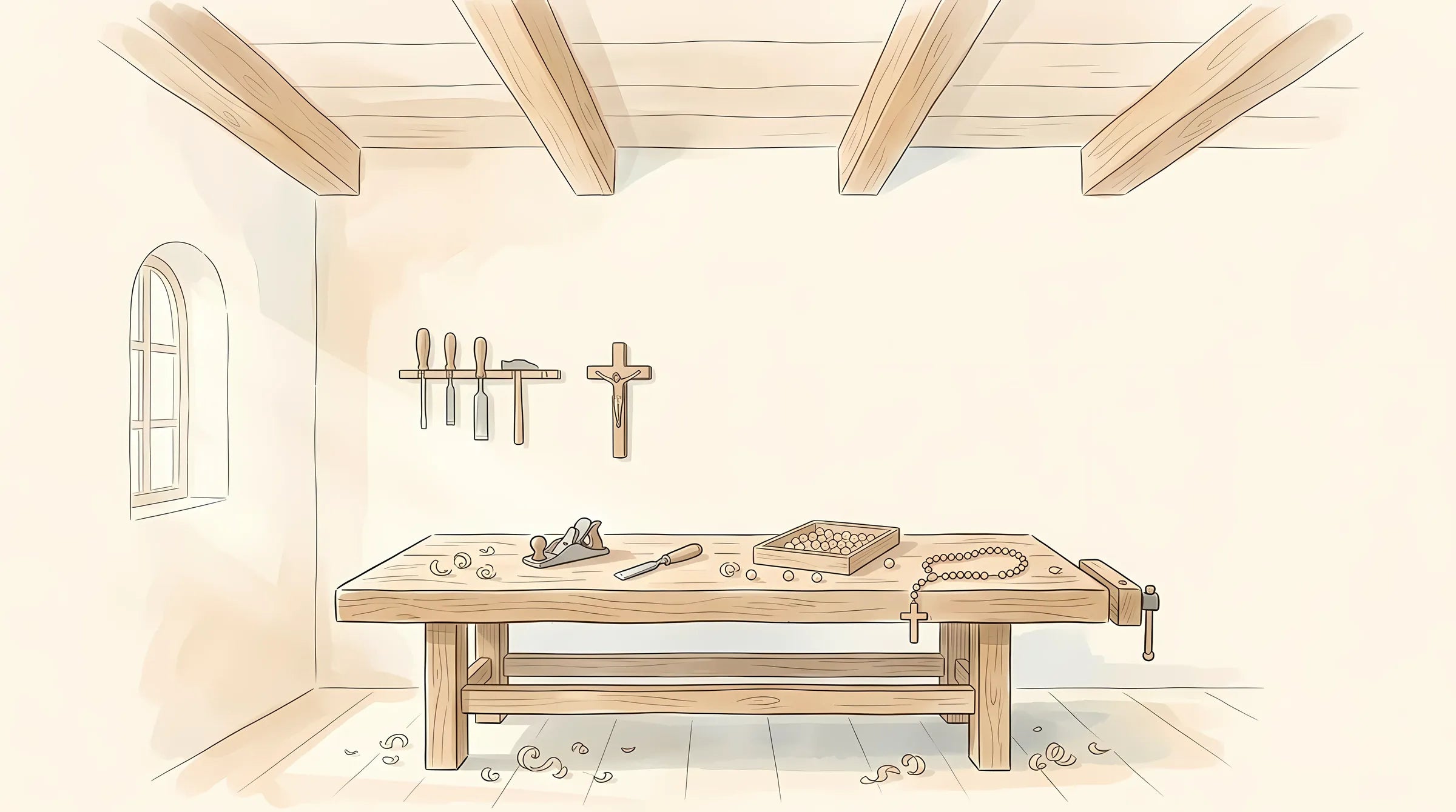 A workbench in the Via Rosaria workshop, with hand tools, a tray of stone beads, and a finished rosary